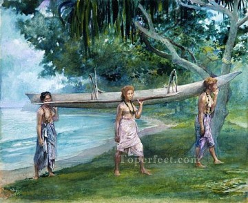  LaFarge Oil Painting - Girls Carrying A Canoe Vaiala In Samoa John LaFarge